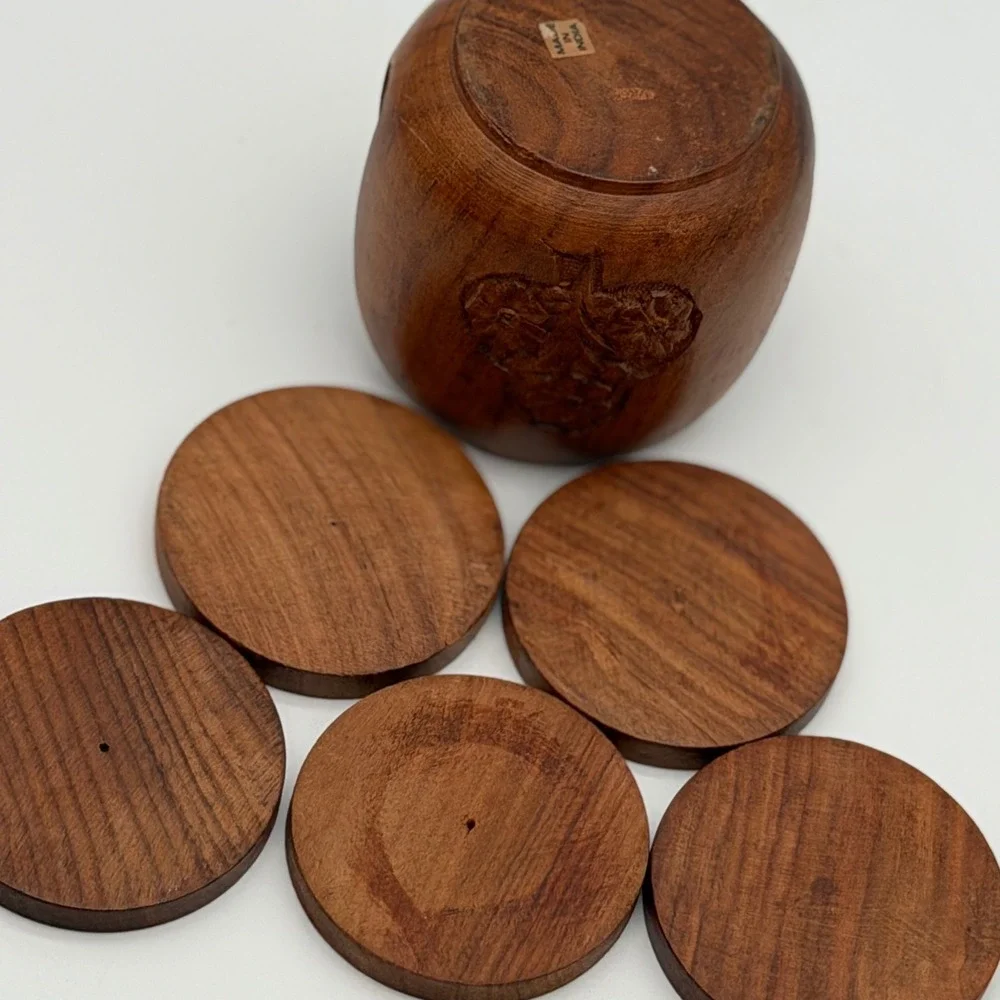 Vintage Hand Carved Floral Wood Coaster Set of 6 with Round Holder Brown Boho